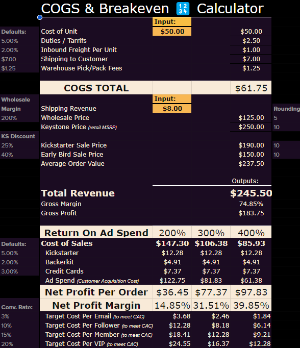 COGS & Breakeven Calculator