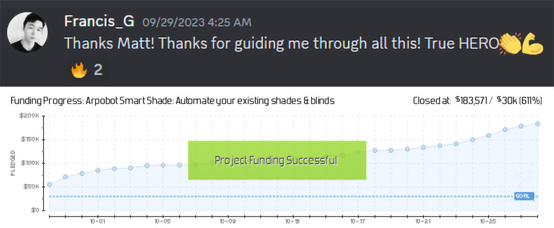 A testimonial for Prelaunch Club from Francis, the creator of Arpobot Smart Shades on Kickstarter