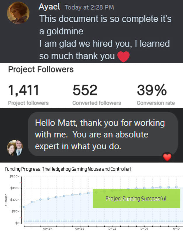 A testimonial from Ayael, creator of Imperial Grace, and Branden Duncan, creator of the Hedgehog Mouse on Kickstarter