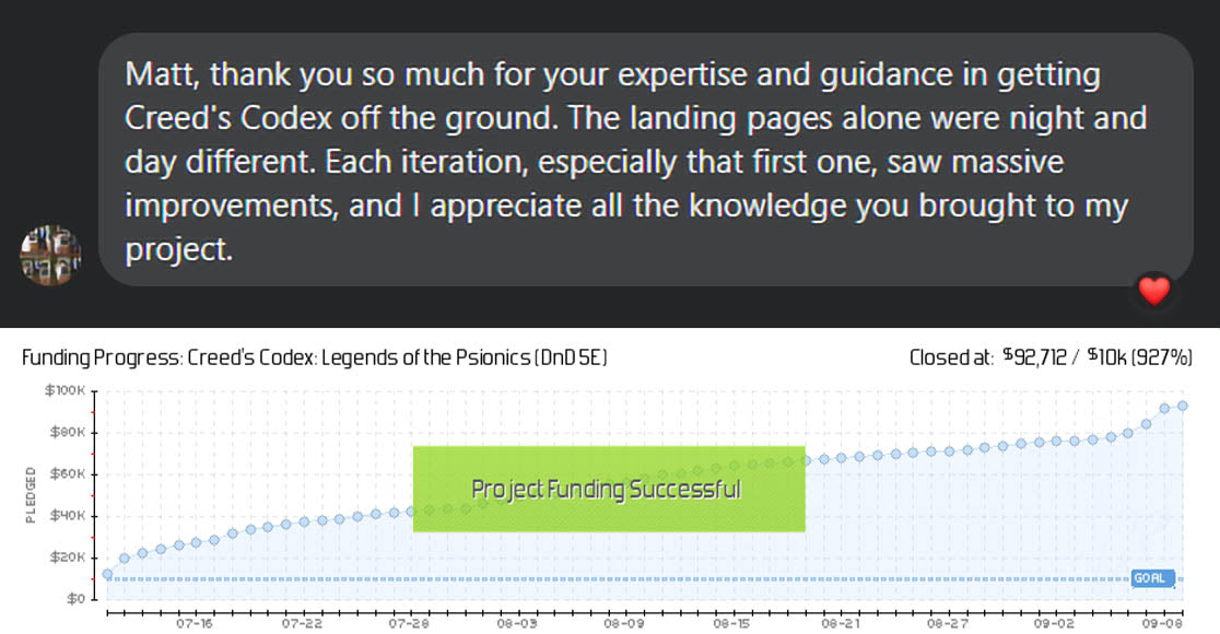A testimonial for Prelaunch Club from Brendan, creator of Creed's Codex series for Dungeons & Dragons on Kickstarter