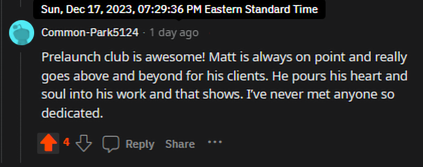 A testimonial on Reddit for Prelaunch Club