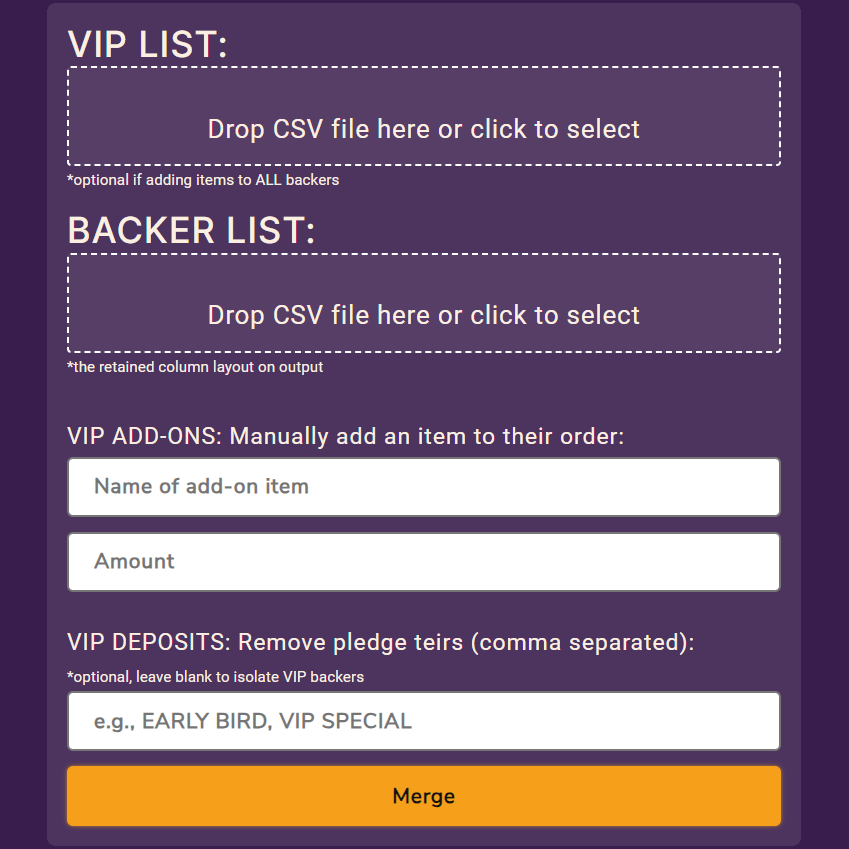 Tool for merging CSV files of VIPs and Kickstarter Backer Lists, in order to figure out which VIPs backed the campaign.