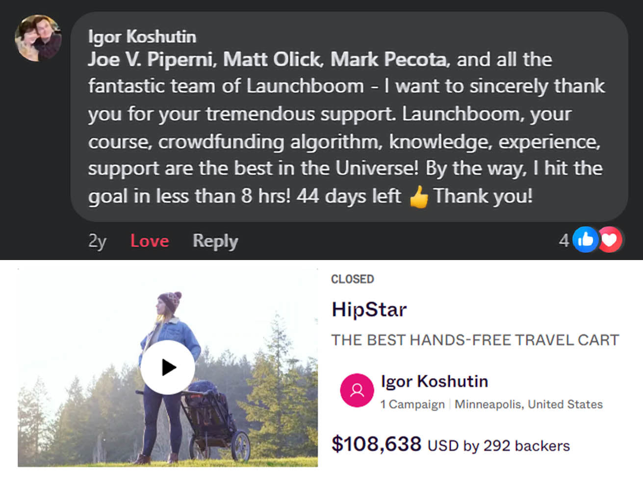 A glowing review for Matt Olick's marketing services while he worked at LaunchBoom from Igor Koshutin, creator of HipStar, which raised over $100,000 on Indiegogo