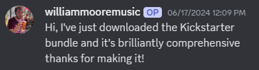 A positive review of the Kickstarter Resources Bundle from a Prelaunch Club discord member.