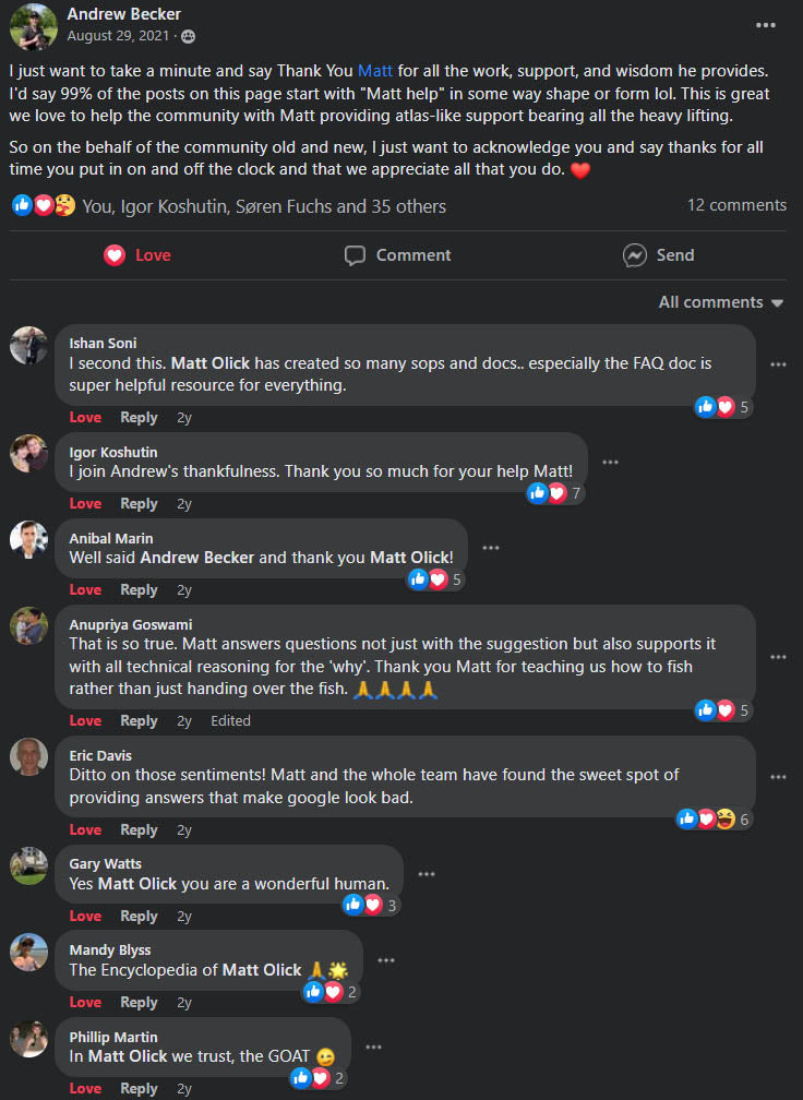 Many testimonials for Matt Olick's quality of service during his 2021 - 2022 consultancy with LaunchBoom