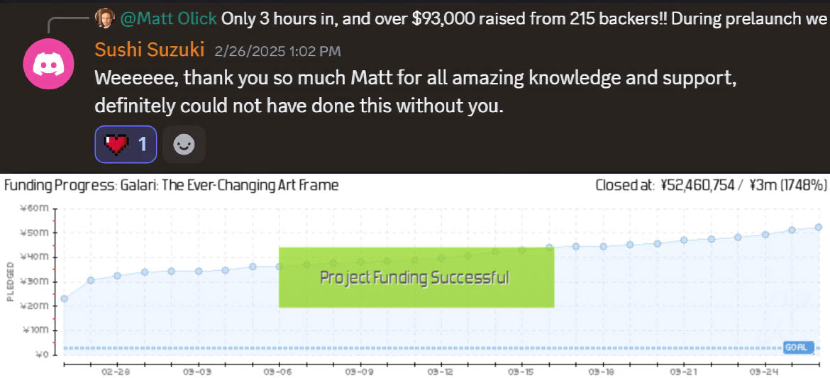 A testimonial for Matt Olick at Prelaunch Club while he worked with Sushi Suzuki, creator of Galari e-paper digital frames, which raised over $350,000 on Kickstarter.