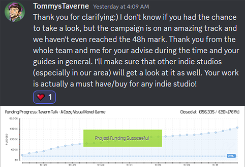 A testimonial for Prelaunch Club from Tommy, a creator of Tavern Talk visual novel game