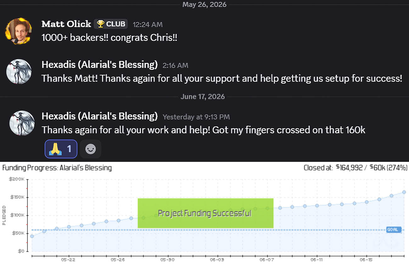 A glowing review of Matt Olick's project ads management services at Prelaunch Club from Chris Cunningham, creator of "Alarial's Blessing" on Kickstarter with over $164,992 raised.