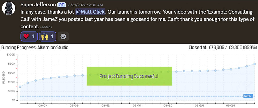 A glowing testimonial for Matt Olick's Prelaunch Club services from Yannick Lacastaigneratte, the creator of "Alkemion Studio" on Kickstarter which raised over $80,000.