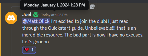 A testimonial from a new Prelaunch Club member, after reading the Kickstarter Quickstart Guide (2024)