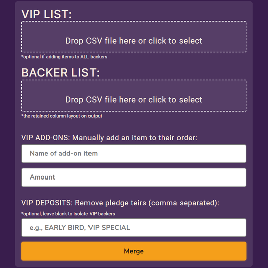 Tool for merging CSV files of VIPs and Kickstarter Backer Lists, in order to figure out which VIPs backed the campaign.