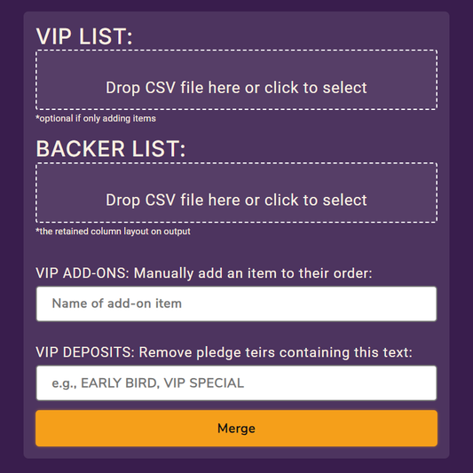 Tool for merging CSV files of VIPs and Kickstarter Backer Lists, in order to figure out which VIPs backed the campaign.