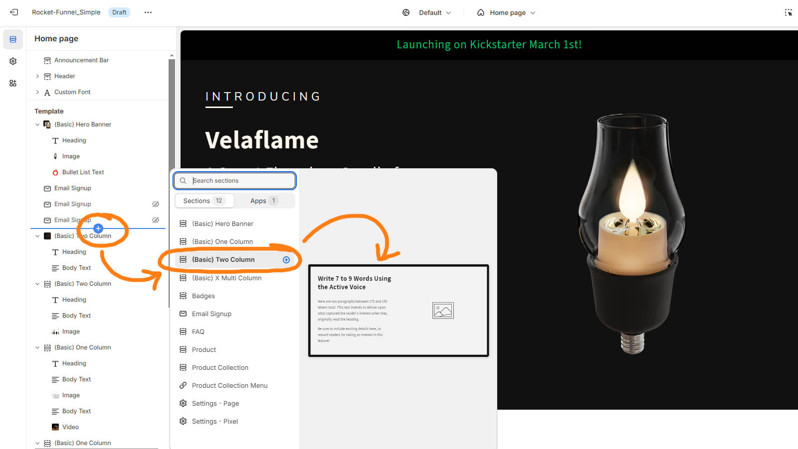 Screenshot example of the "Simply Rocket" Shopify Theme's customizer interface