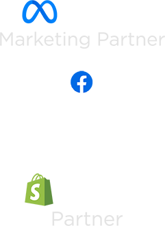 A vertical image of three of Matt Olick's expert certifications at Prelaunch Club: Meta Marketing Partner certification, Facebook Power Admins membership, and Shopify Partner certification.