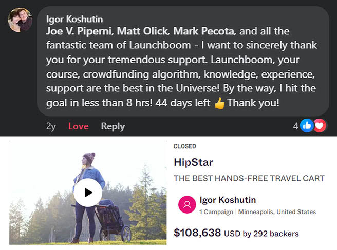 A glowing review for Matt Olick's marketing services while he worked at LaunchBoom, from Igor Koshutin, creator of HipStar, which raised over $100,000 on Indiegogo