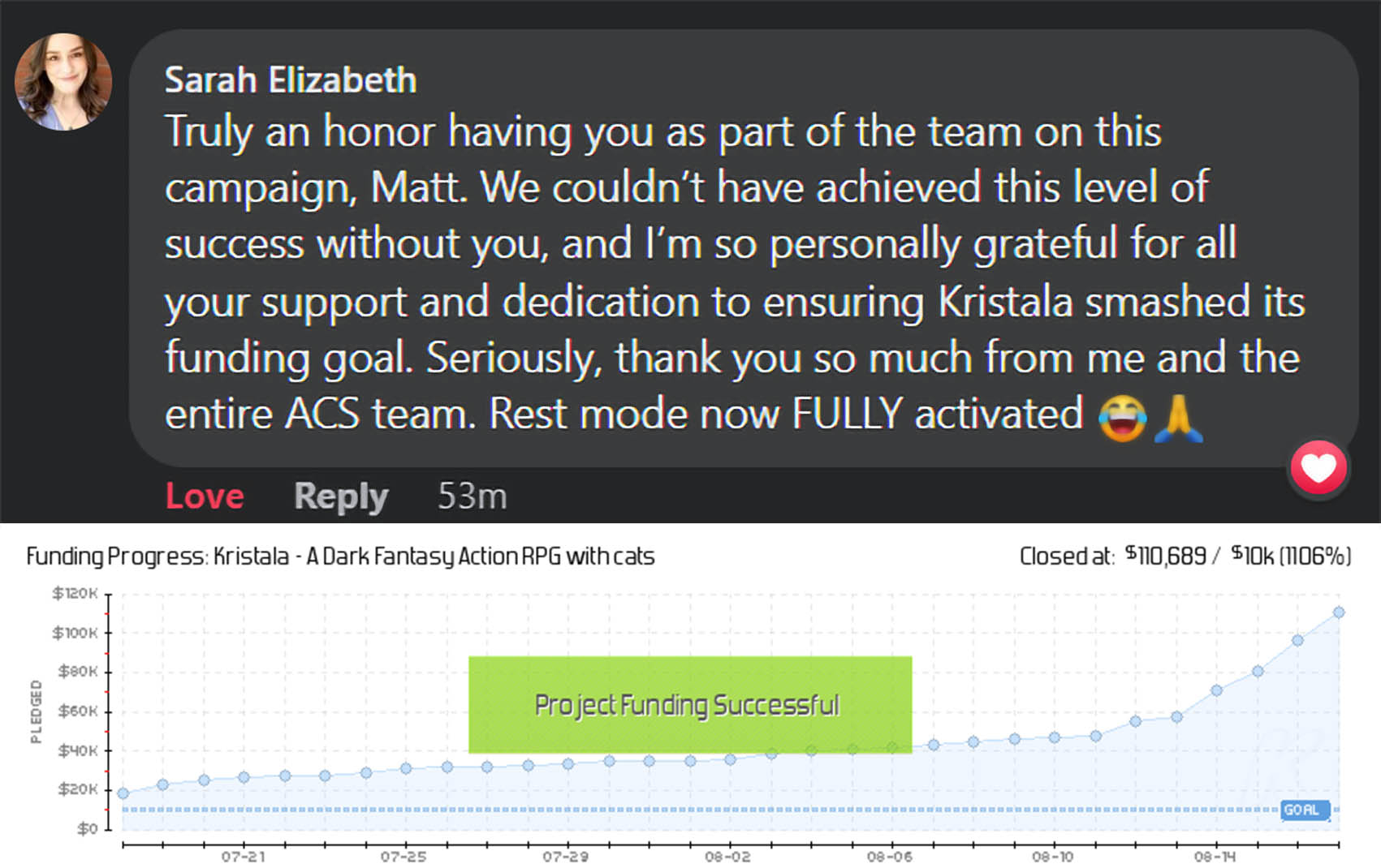 A testimonial for Prelaunch Club from Sarah, co-founder of Astral Clocktower Studios and "Kristala", a soulslike RPG on Kickstarter