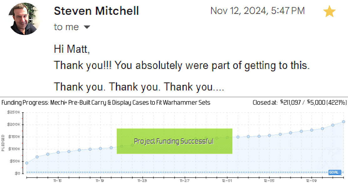 A glowing testimonial for Matt Olick and Prelaunch Club from Steven Mitchel, founder of Tabletoptech.com, who raised over $210,000 on Kickstarter for Mechi+