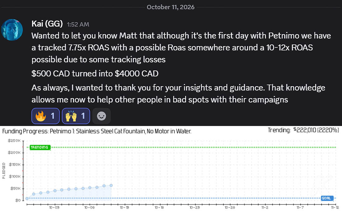 A glowing testimonial for Matt Olick's Prelaunch Club services from Kai Panethiere, the marketing consultant for "Petnimo 1" which is currently live on Kickstarter and raised over $60,000.