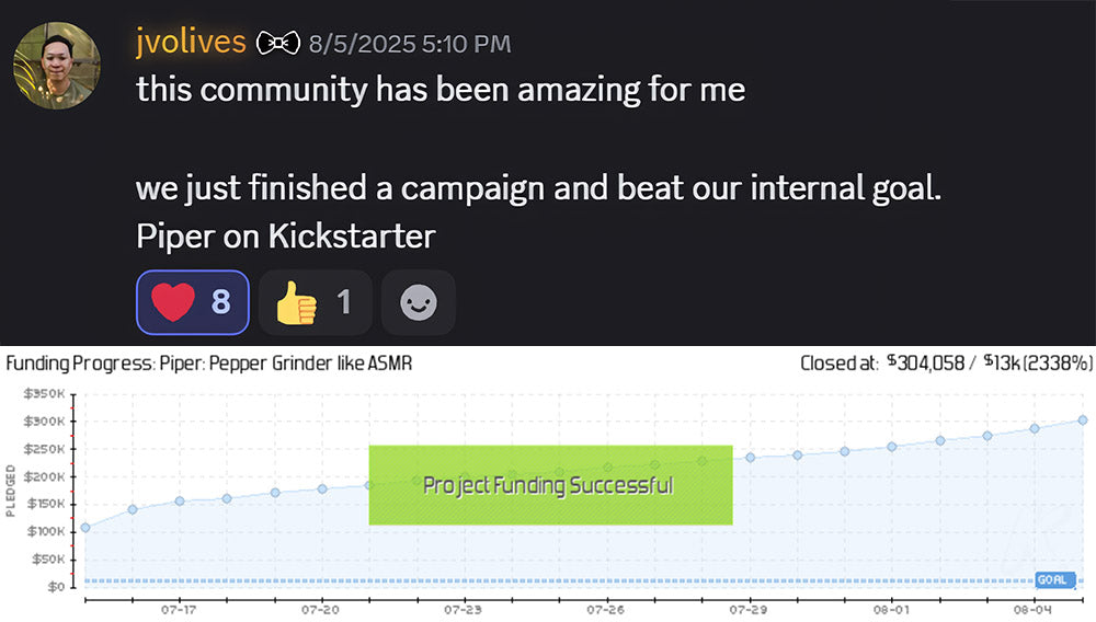 A glowing review of Matt Olick's Prelaunch Club discord server by Jeremy Vo and Layla Wei, creators of "Piper" on Kickstarter, "the world's most ergonomic and efficient" Pepper Grinder.
