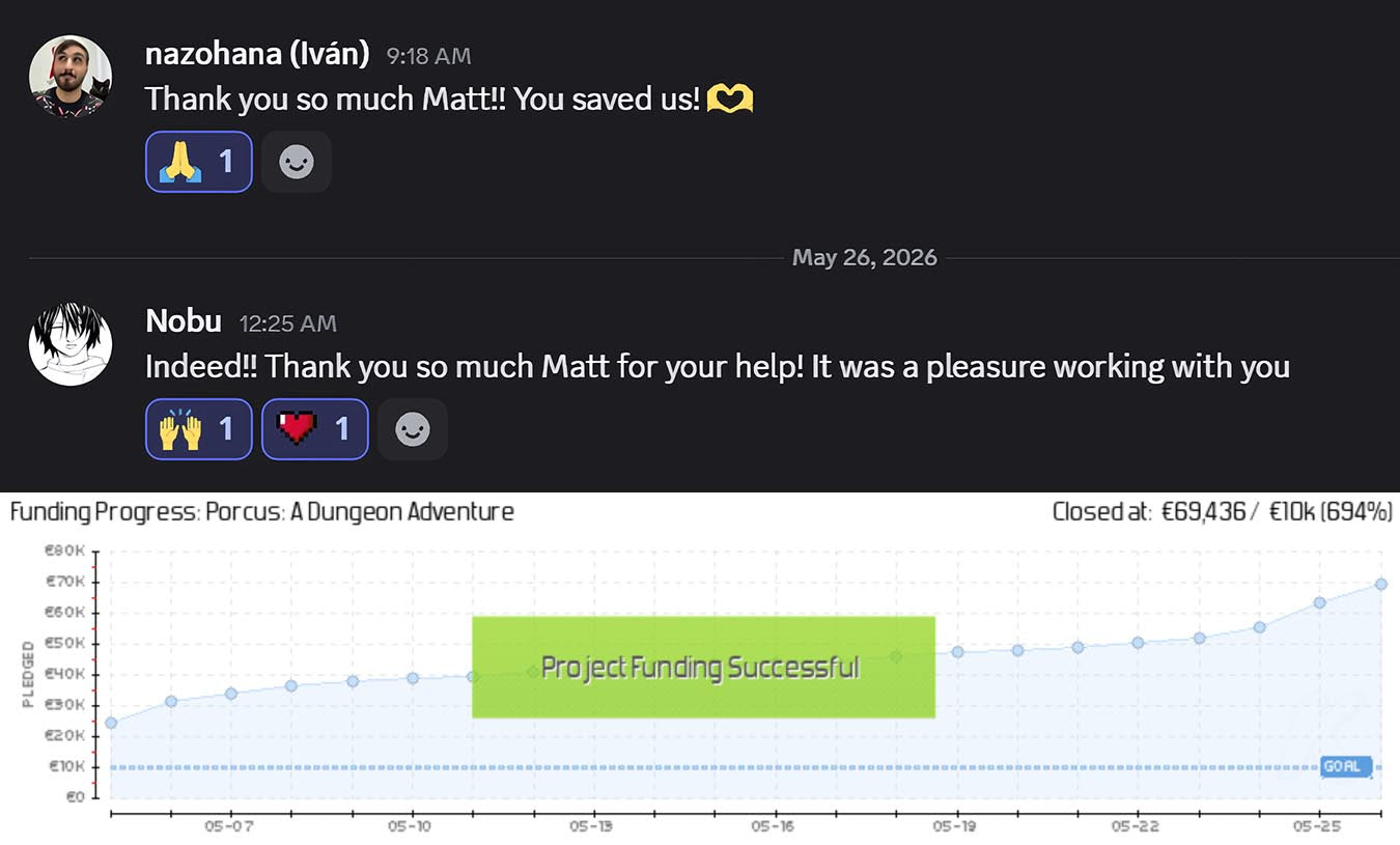 A glowing review of Matt Olick's consulting services by Ivan and Nobu, the creators of "Porcus" board game on Kickstarter, which fundraised €69,436.