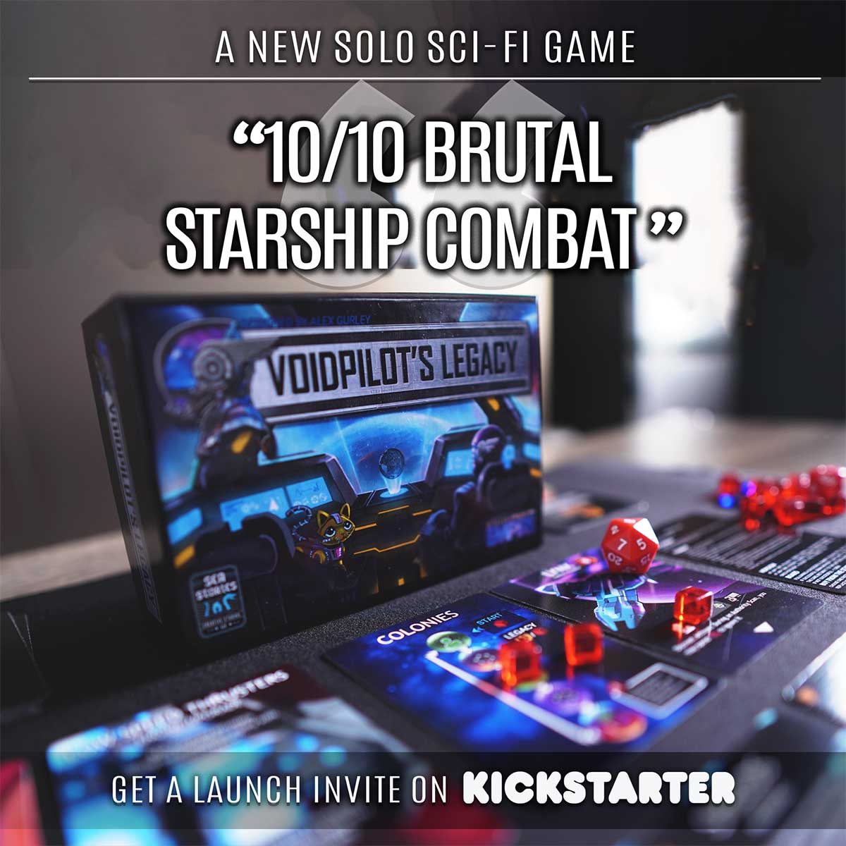 An example of a Facebook Ad for VoidPilot Legacy's Kickstarter that includes centered captions and calls to action