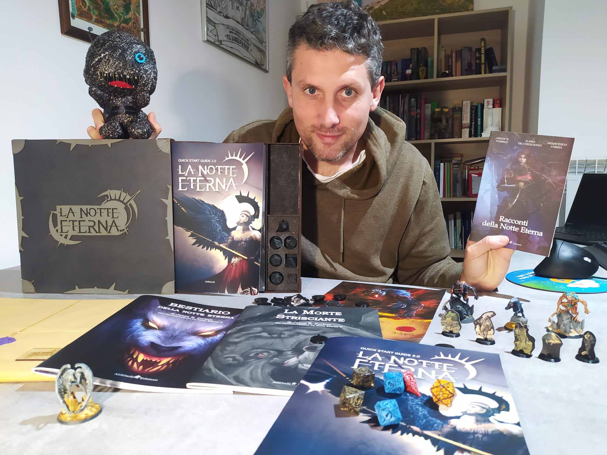 Jason Forbus, creator of La Notte Eterna, showcasing all the add-ons from the Kickstarter campaign.
