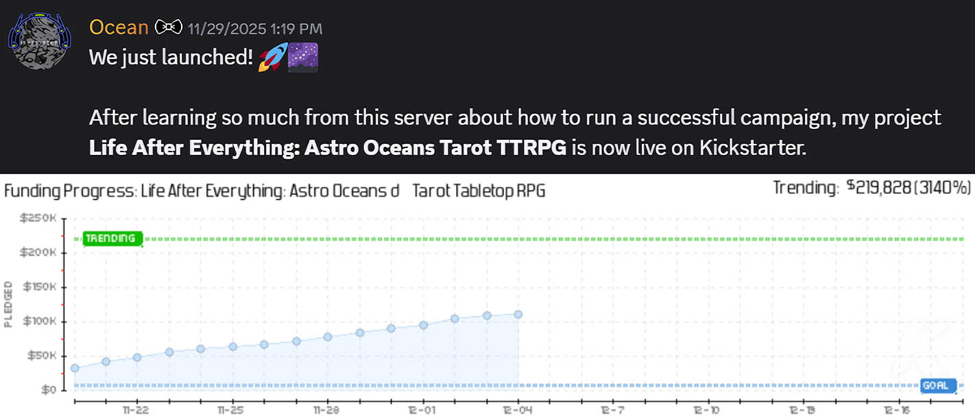 A glowing review of Matt Olick's Prelaunch Club discord server by Gifted Ocean, creator of "Life After Everything Tarot Tabletop RPG" on Kickstarter.