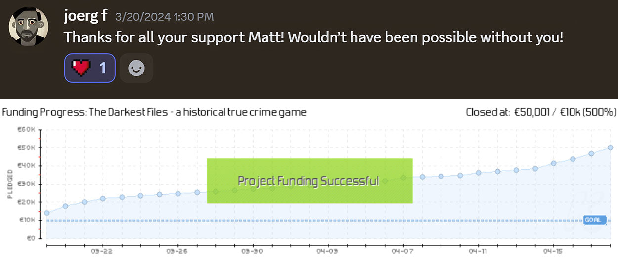 A glowing review of Matt Olick's consulting services by Joerg, the creator of "The Darkest Files" video game on Kickstarter, which fundraised €50,001.