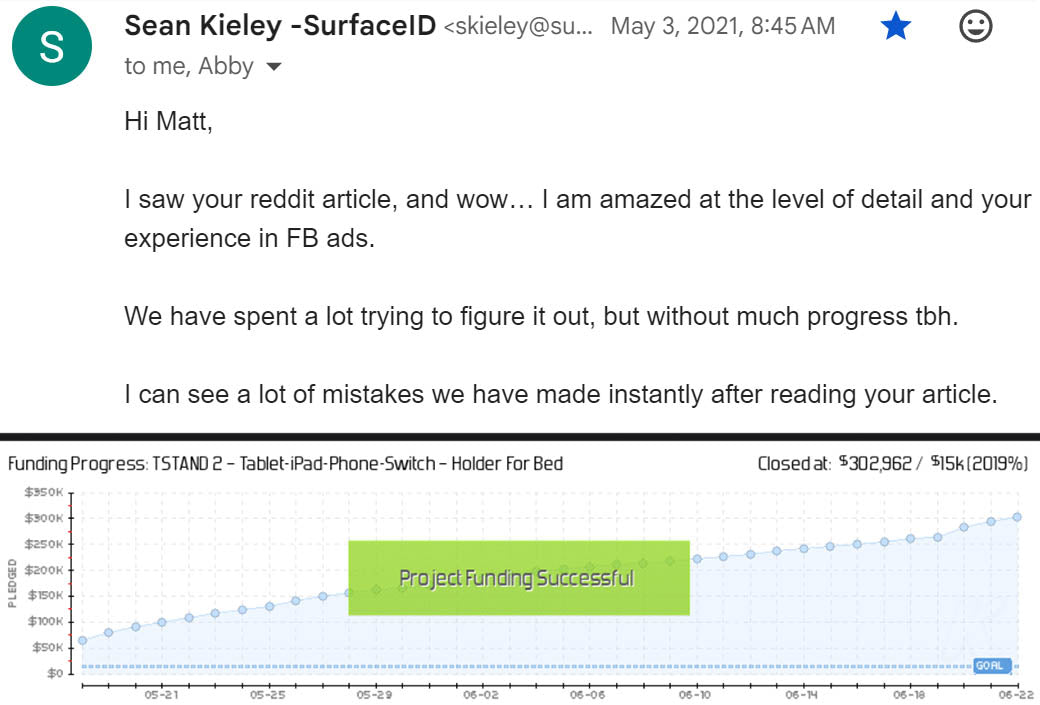 A glowing testimonial for Matt Olick's Prelaunch Club services from Sean Kieley, the creator of "TSTAND 2" on Kickstarter which raised over $300,000.